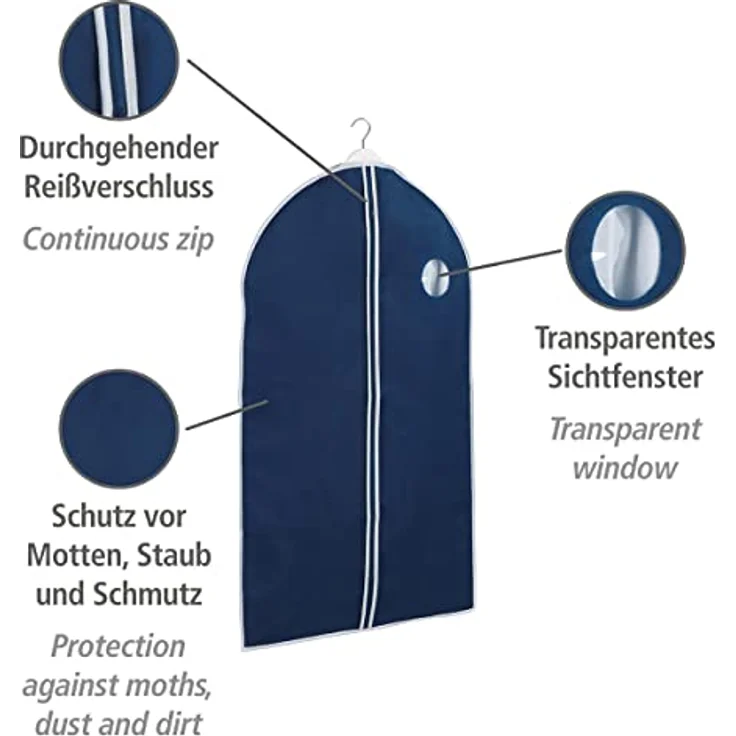 WENKO Kleidersack Air, 60x100 cm, Navy, mit Sichtfenster und Reißverschluss, atmungsaktiv, schützt vor Motten, Staub & Schmutz – Bild 3