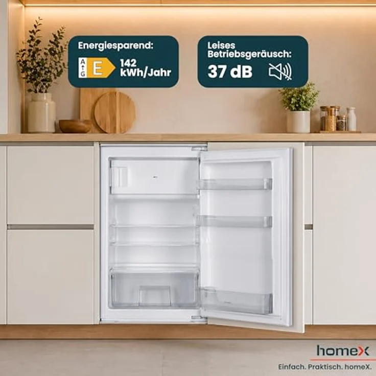 homeX CFB1181E Einbaukühlschrank mit Gefrierfach, 118 Liter, Schlepptürtechnik, LED-Beleuchtung, leise mit 37 dB, für 88 cm Nische – Bild 6