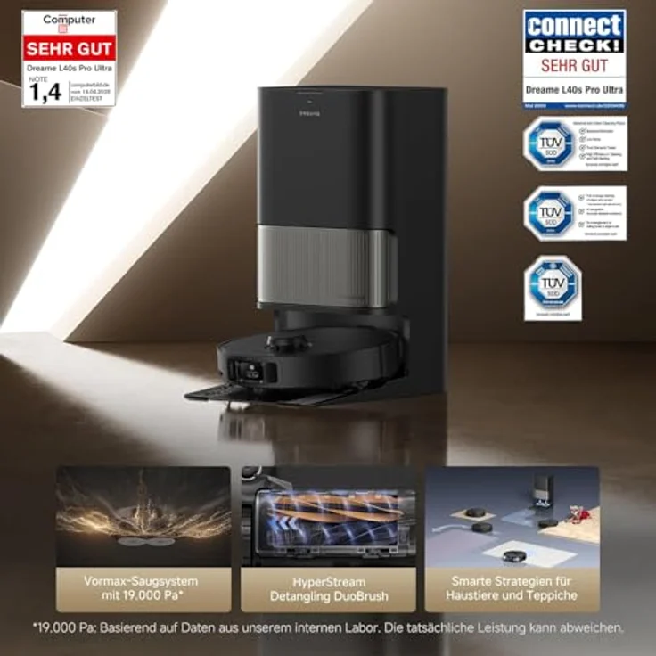 Dreame L40s Pro Ultra, Saugroboter mit Wischfunktion, 600 W, 19.000 Pa Saugkraft, Hindernisüberwindung bis 4 cm, KI-gesteuerte Kamera – Bild 3