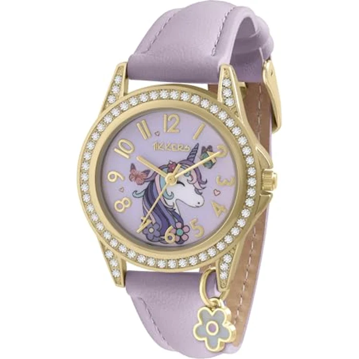 Tikkers ATK1106, Kinder Armbanduhr mit Einhorn-Zifferblatt, hellgoldenem Gehäuse und lilafarbenem Lederarmband – Bild 3