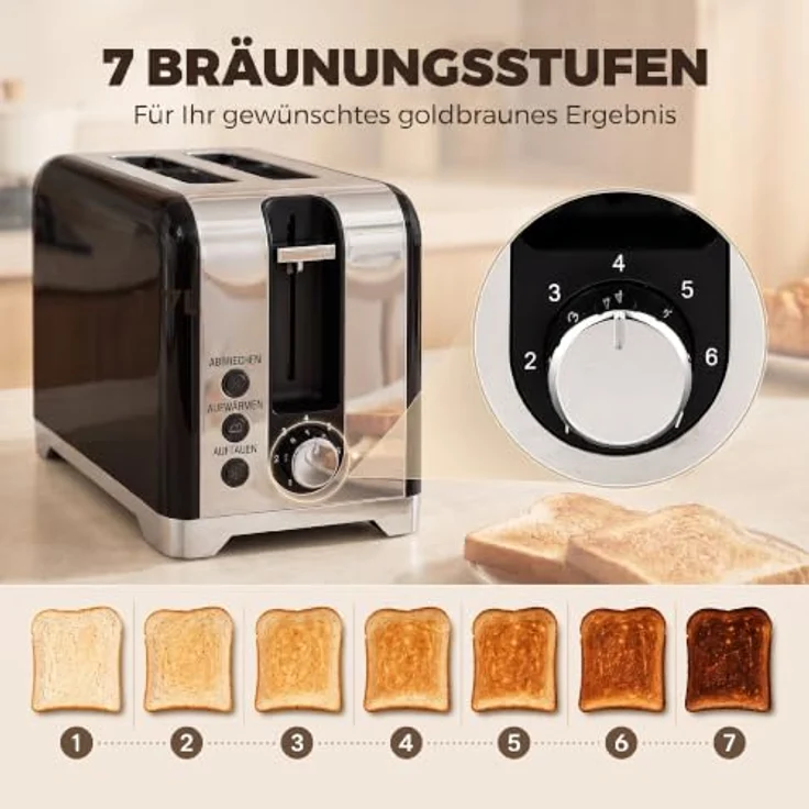 HOMCOM Wasserkocher und Toaster Set, 2200 W, 1,7 L Edelstahl Wasserkocher mit Thermometer, 2-Scheiben Toaster mit 7 Bräunungsstufen, Schwarz – Bild 5