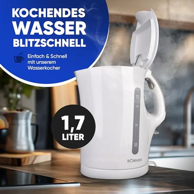 Bomann weiß WK 5011 CB Wasserkocher, 1,7 L, 2 außenliegende Wasserstandsanzeigen, Edelstahlheizelement, Kunststoff, 1.7 liters – Bild 2