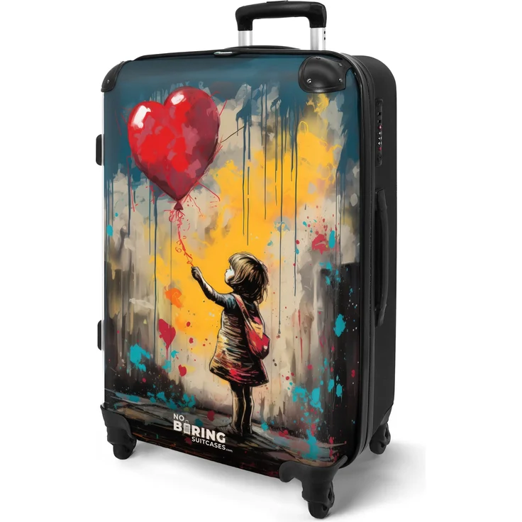 NoBoringSuitcases.com© Hartschalen-Trolley Mädchen mit Luftballon im Graffiti-Stil 67x43x25cm, 4 Rollen, Koffer Mittelgroß, Suitcase für Erwachsene in Buntem Design – Bild 1