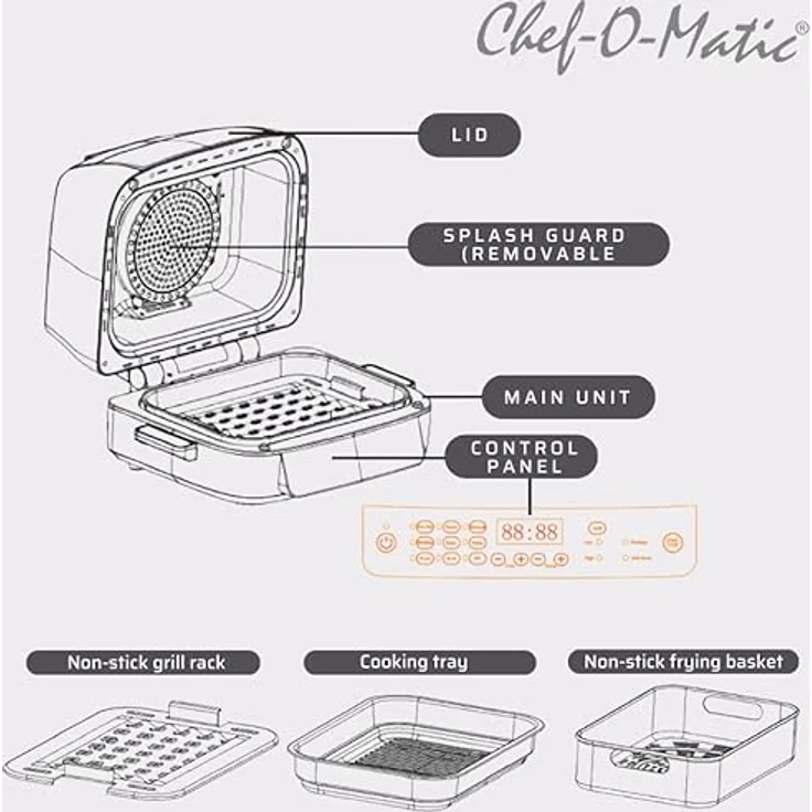 Chef o Matic 8-in-1 Heißluftfritteuse mit Grill, 1500w, Airfryer mit Schnellaufheizung, XL Heissluftfriteuse, Luft Frieuse zum Frittieren, Heißluftfritteuse + Zubehör, Grillplatte, Frittierkorb, Timer – Bild 4
