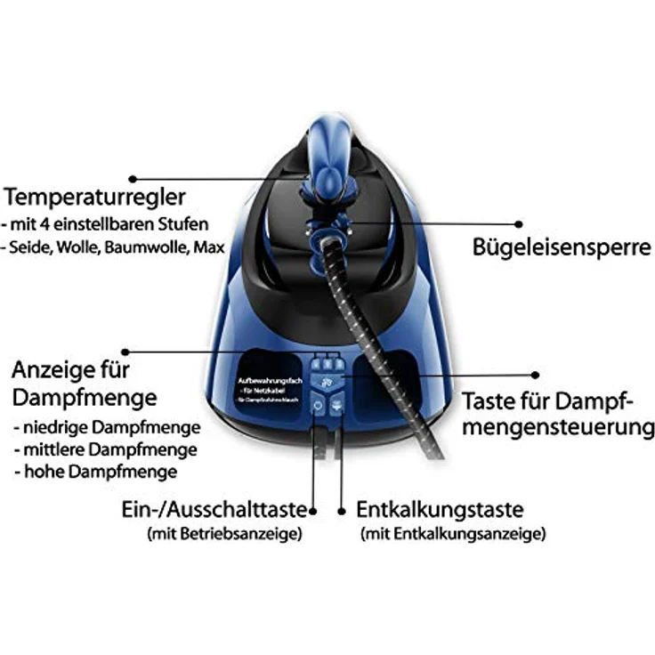 Tristan Auron Superfast Dampfbügelstation - 6.5 bar Dampfdruck I 2800 W, variabler Dampf, 420g/Min. Dampfstoß I 1,7L Wassertank – Abschaltautomatik (Blau) – Bild 4