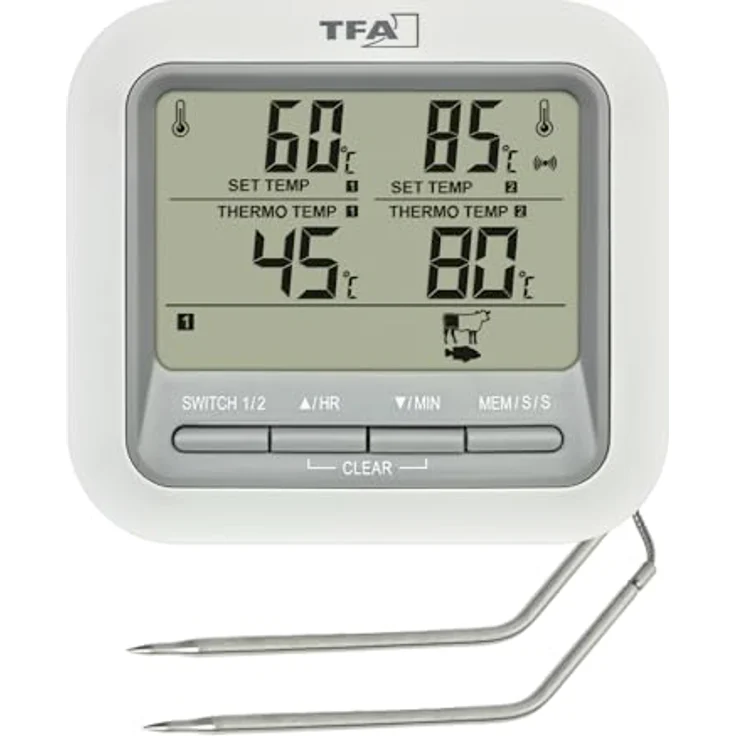 TFA Dostmann Digitales Grill-Thermometer 14.1516, Bratenthermometer mit 2 Edelstahlsonden, bis 300°C, mit Alarmfunktion für Fleisch, Fisch, weiß – Bild 1