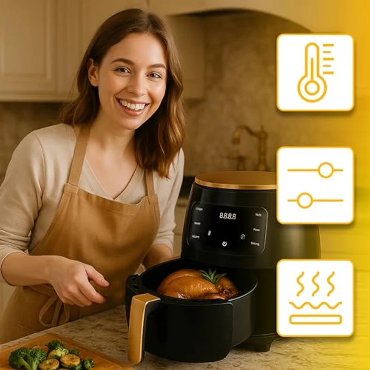 Retoo Heißluftfritteuse 6L Airfryer 2400W, 6 Programme, leise, Schwarz und Gold, LCD Display, LED Touchscreen – Bild 4