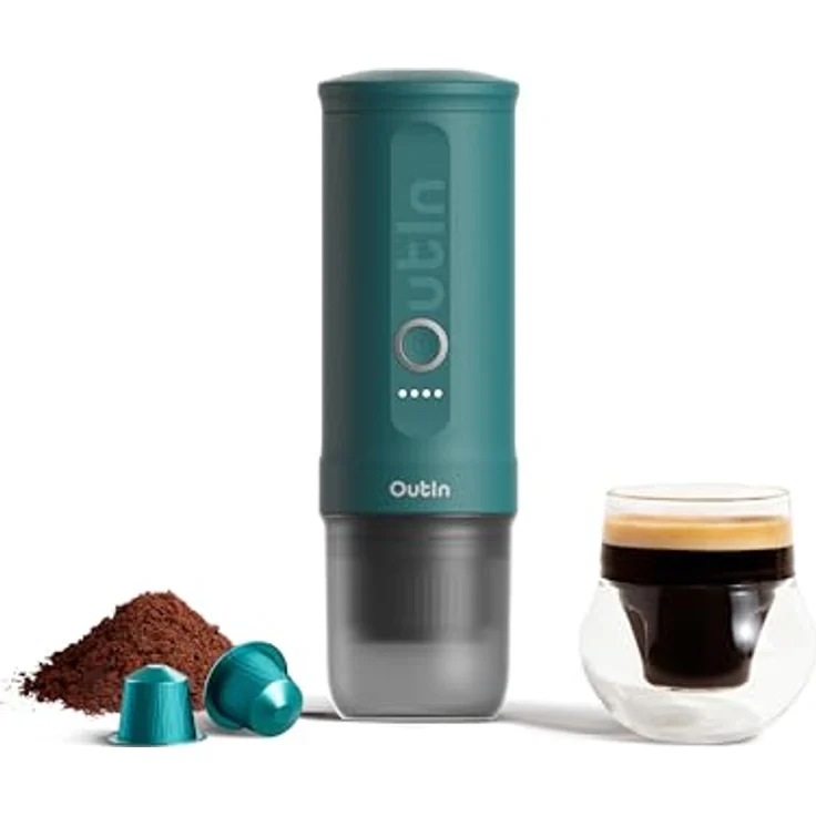 OutIn Nano Tragbare Espressomaschine mit Akku, 2 in 1 für gemahlenen Kaffee und Kapseln, elektrische Selbsterhitzung über USB-C, ideal für unterwegs und Camping, leicht und tragbar – Bild 1