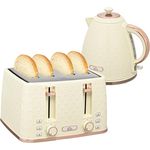 HOMCOM Frühstücksset, Toaster mit 4 Schlitzen und 1,7L Wasserkocher, beige, 2200 W, automatische Abschaltung, Auftau- & Aufwärmfunktion