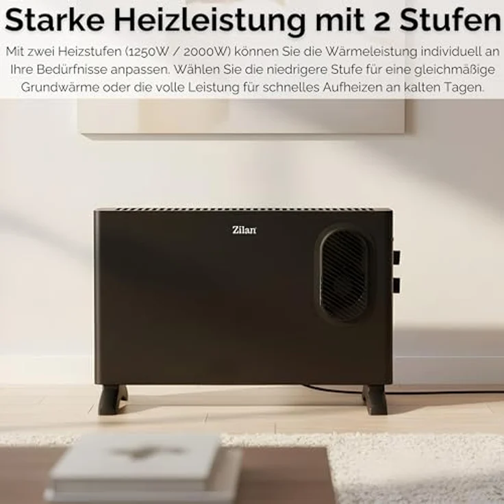 Zilan Elektro Konvektor 1250/2000 Watt, tragbare Elektroheizung mit 2 Heizstufen, Thermostat und Überhitzungsschutz, kompakt und flexibel einsetzbar – Bild 3