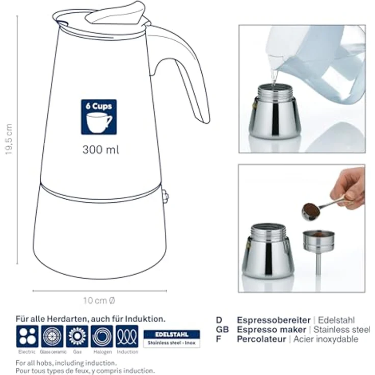 kela FERRARA Espressokocher 300ml, Edelstahl schwarz matt, für 6 Tassen, für alle Herdarten auch Induktion, mit Kunststoffgriff – Bild 3