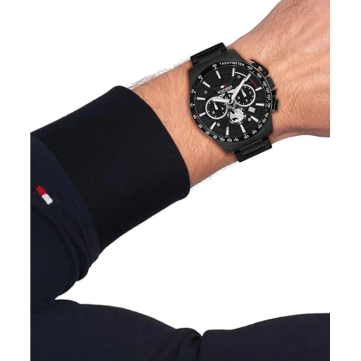 Tommy Hilfiger Chronograph Quarz Uhr, schwarzes Edelstahlarmband, 44 mm Gehäuse, wasserdicht bis 5 ATM, schwarzes Skelett-Zifferblatt – Bild 4