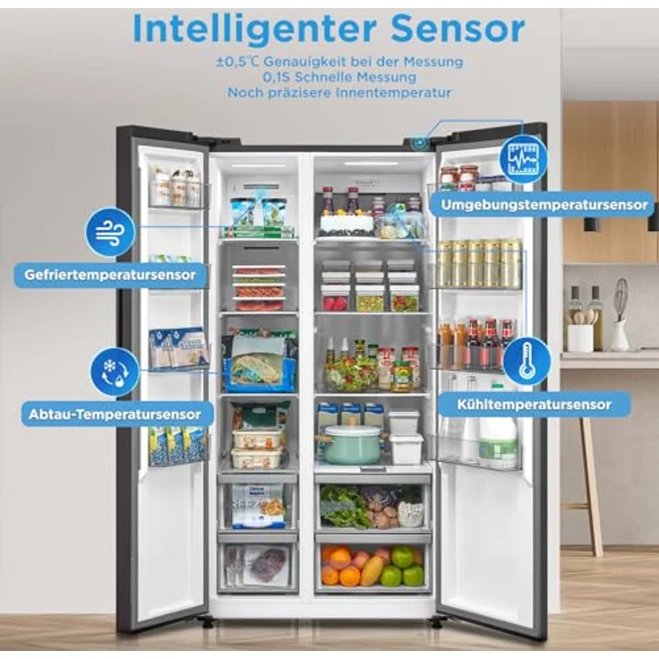 Midea MDRS791MIC28 Side-by-Side Kühl-/Gefrierkombination/No Frost/WiFi-Steuerung/Inverter Compressor/176,5 cm hoch/379 L Kühlen/219 L Gefrieren/Doppelte Steuerung/SuperCool/37dB, Jazz Schwarz – Bild 4