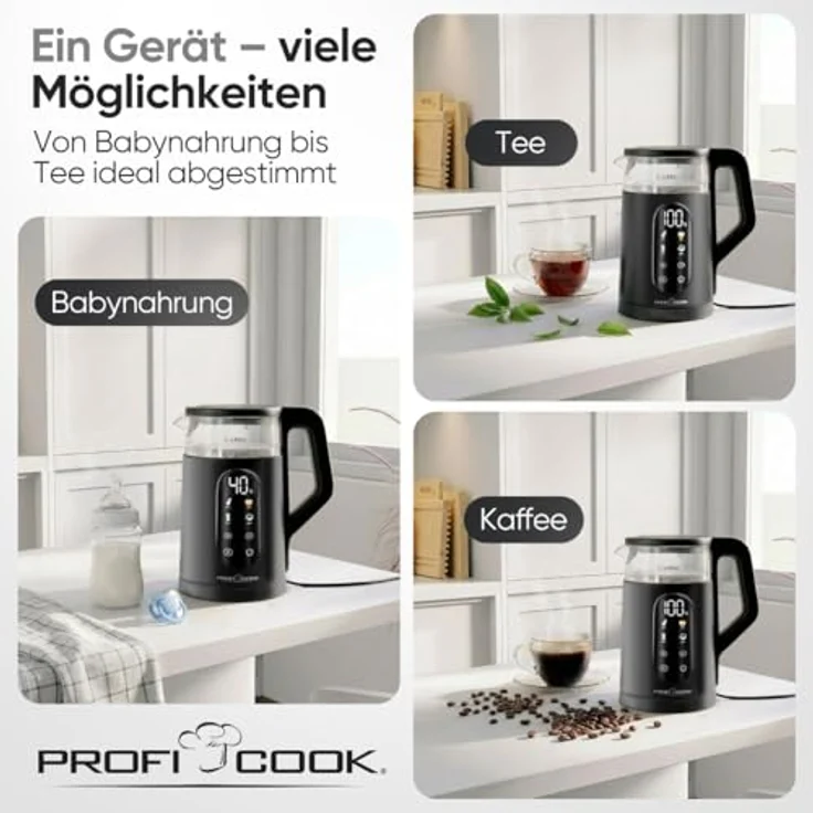 ProfiCook® PC WK 1328 G Wasserkocher, 1,7L mit Temperatureinstellung 40-100°C, Schnellstartfunktion, 2200W, wärmeisolierter Glasbehälter, Warmhaltefunktion, Einhandbedienung, BPA frei – Bild 5