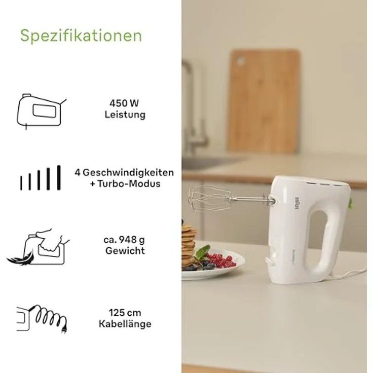 Braun Household MultiMix 1 HM 1100 WH Handmixer - Handrührgerät mit 4 Geschwindigkeitsstufen plus Turbo, FastMix Technologie, EasyClick, inkl. Schneebesen, Einhandbedienung, 450W, Weiß – Bild 3