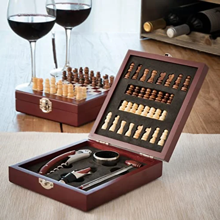 InnovaGoods Korkenzieher Weinzubehörset mit Schachspiel 37 Stück, Holz und Edelstahl – Bild 2