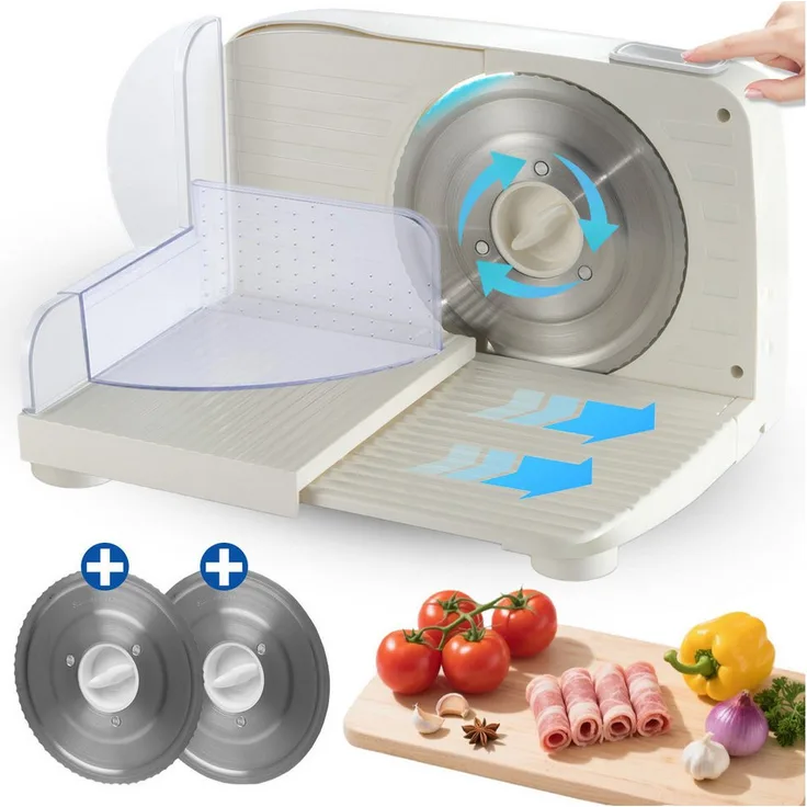 ibettertec Elektrischer Allesschneider, 250 W, Verstellbare Küchenmaschine 0 bis 15mm, 2 Klingen, sicherer Schiebemechanismus