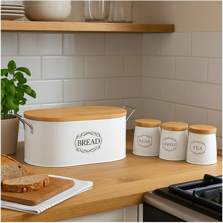 Neuetischkultur Vorratsdosen Set, 4-tlg. aus pulverbeschichtetem Eisen in Weiß, inkl. Brotkasten (6,5L) und 3 Vorratsdosen (je 0,5L) für Zucker, Kaffee und Tee, Vintage-Landhausstil