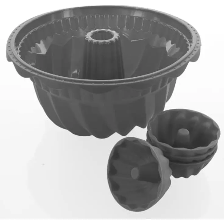 Coolinato 5er Set Silikon Gugelhupfformen rund, Grau, 1x groß 4x klein, Silikonformen zum Backen von großen und kleinen Gugelhupf Kuchen, inkl. 4 Rezepten
