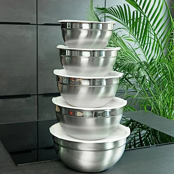 INTIRILIFE 5-teiliges Schüssel Set Rührschüsseln mit Deckeln aus Edelstahl - Salatschüssel Servierschüssel stapelbar spülmaschinengeeignet – Bild 5
