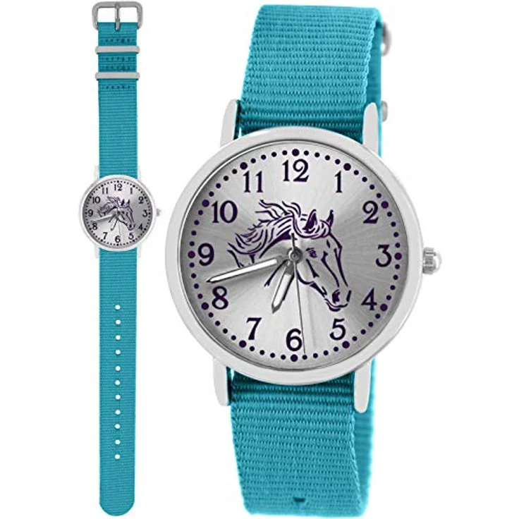 Pacific Time Mädchen Uhr Pferde, analoge Quarz-Armbanduhr mit leuchtenden Zeigern, hellblau, Textil Wechselarmband 10308 – Bild 2