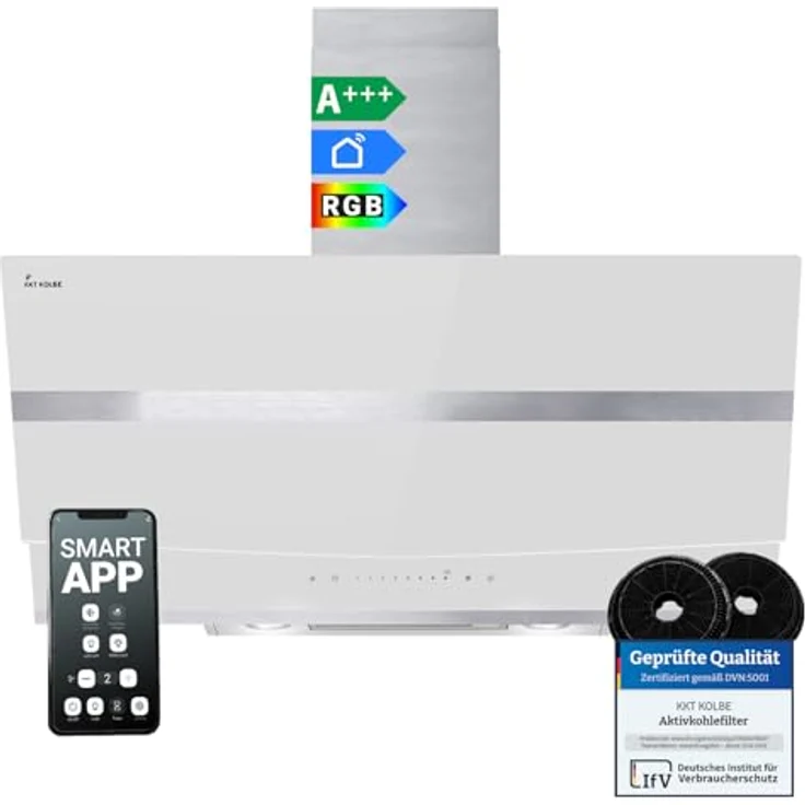 KKT KOLBE HERMES9005WM Dunstabzugshaube 90 cm, A+++ Kopffrei, 782 cbm/h, Edelstahl mit weißem Glas, WLAN, RGBW-LED-Beleuchtung, SensorTouch Bedienung – Bild 1