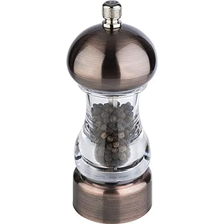 APS Pfeffermühle COPPER - Gewürzmühle in Kupfer-Optik, Mahlwerk aus Carbonstahl, Mahlgrad stufenlos einstellbar - Abmessungen: 6 x 6 cm/Höhe: 15 cm/Farbe: Kupfer, Transparent