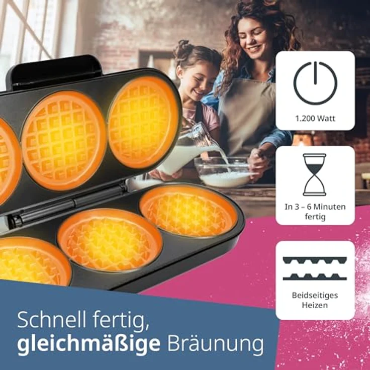 ADE XXL Waffeleisen belgische Waffel | für 3 runde Waffeln gleichzeitig | 1.200 Watt Power | Antihaftbeschichtung | perfekt für Kindergeburtstag & Familienfeiern – Bild 5