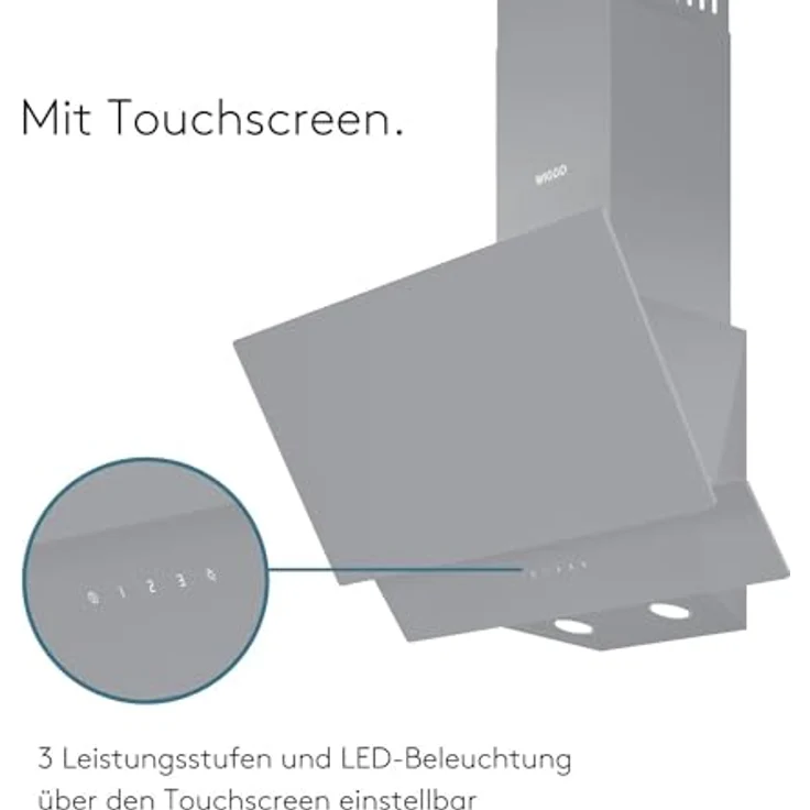 Wiggo A642 Dunstabzugshaube 60cm kopffrei I Abluft Umluft Dunstabzug 626m³/h - Touch-Display 4 Stufen I Energieeffizienzklasse A Schräghaube inkl. 2x Kohlefilter I Abzugshaube Glasfront grau – Bild 4