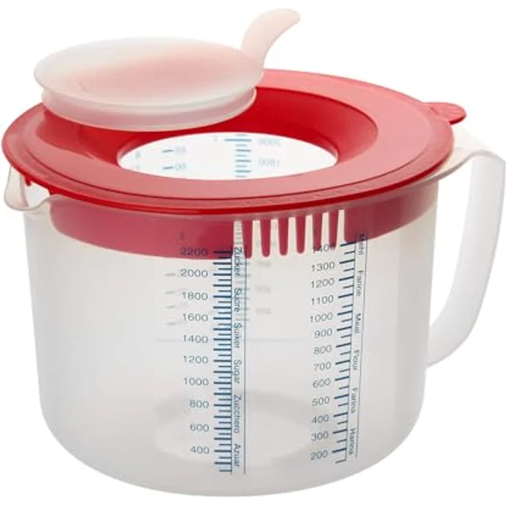 Dr. Oetker Mess- und Rühr--Mess--Rührbecher, 2,2 L, mit unterschiedlichen Messskalen, mit Spritzschutz, aus hochwertigem Kunsstoff, Menge: 1 Stück, Farbe: rot-transparent – Bild 3