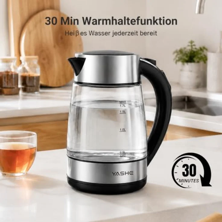 YASHE Wasserkocher mit Temperatureinstellung, 1,7L, 2200W, Glas, 5-Farben LED-Beleuchtung, kabellos, Warmhaltefunktion – Bild 4