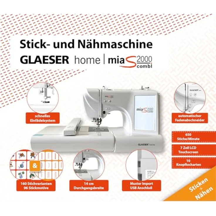 GLAESERhome miaS2000combi Stick- & Nähmaschine, 96 Stick-Designs, 7 Zoll LCD-Touchscreen – Bild 4