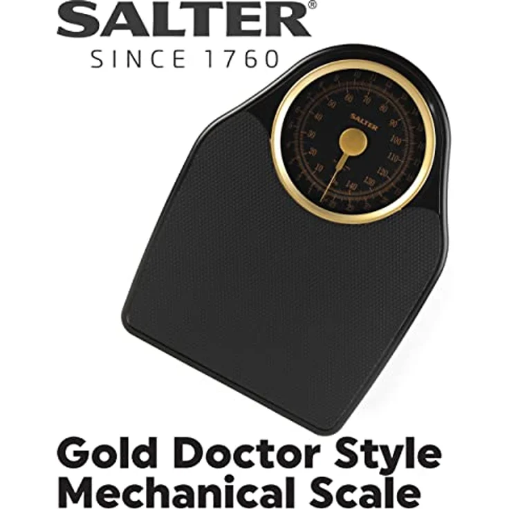Salter 145 GFEU16 Mechanische Doktorwaage - Körperwaage mit 150 KG Tragfähigkeit, Körperfettwaage mit Drehzeiger, Körpergewichtswaage mit rutschfester Matte, Keine Batterien erforderlich, schwarz/gold – Bild 2