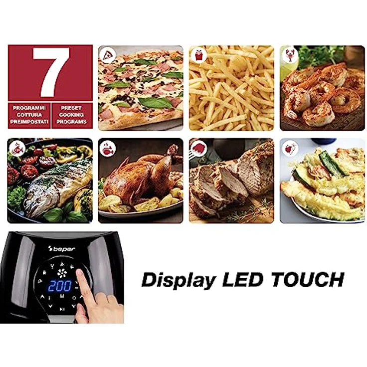 Beper P101FRI050 Heißluftfritteuse, 1450 Watt, 5 Liter, Thermostat bis 200 °C, Timer, Display, Kunststoff, schwarz – Bild 4
