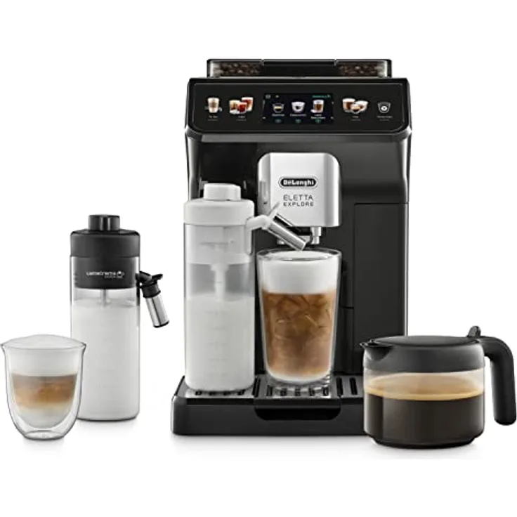 De'Longhi Eletta Explore Perfetto ECAM452.57.G Kaffeevollautomat mit LatteCrema Milchsystem, heiße und erfrischende Getränke auf Knopfdruck, 3,5 Zoll TFT Touchscreen Farbdisplay, Kaffeekanne inklusive