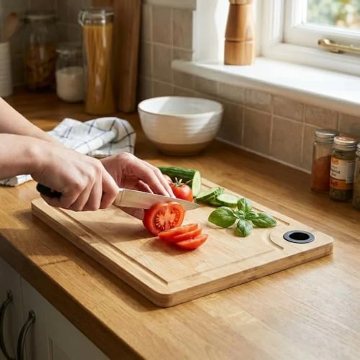 Chef Aid Bambus-Schneidebrett 35×25×1,5 cm, robust mit Saftrille & Anti-Rutsch-Füßen, geeignet für Schneiden und Servieren – Bild 4