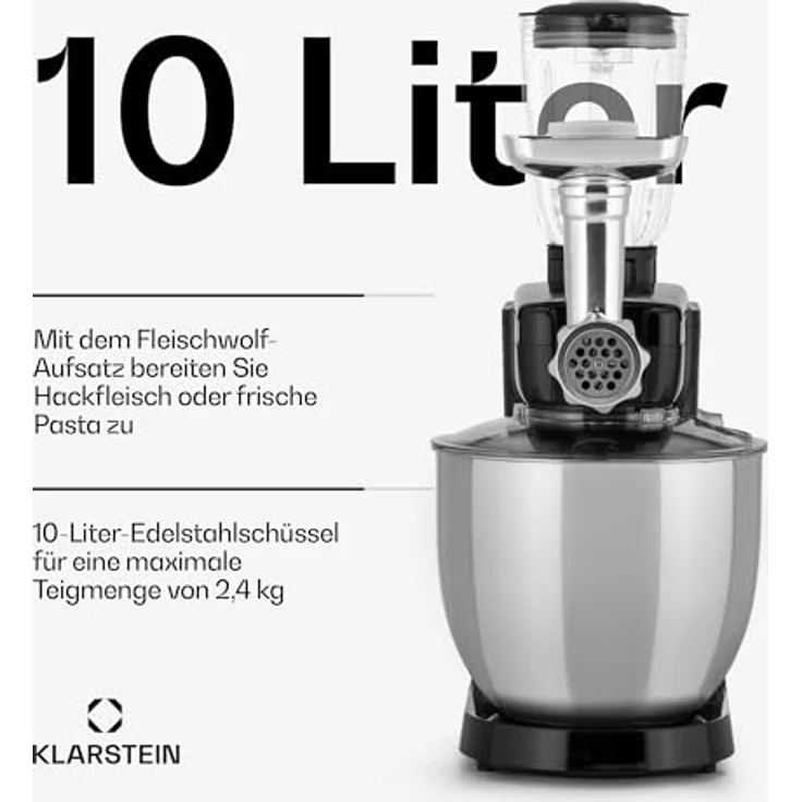 Klarstein Renata Rossa Küchenmaschine 3-in-1, 2000 W, 2,7 PS, 5 Liter Edelstahl Schüssel, inkl. Standmixer-, Fleischwolf-Aufsatz, schwarz – Bild 5