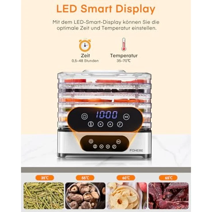 FOHERE Dörrautomat Edelstahl, Dörrgerät mit 5 höhenverstellbaren Tabletts, LED-Anzeige, 420W, 35-70°C, 48h-Timer, BPA-frei für Lebensmittel und Snacks – Bild 5