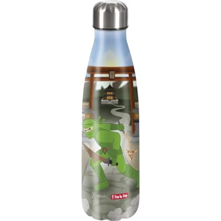 Step by Step Isolierte Edelstahltrinkflasche „Ninja Kimo braun - grün, für kohlensäurehaltige Getränke, auslaufsicher mit Schraubverschluss, 100% recycelbar, für Schule und Freizeit, 0,5 Liter