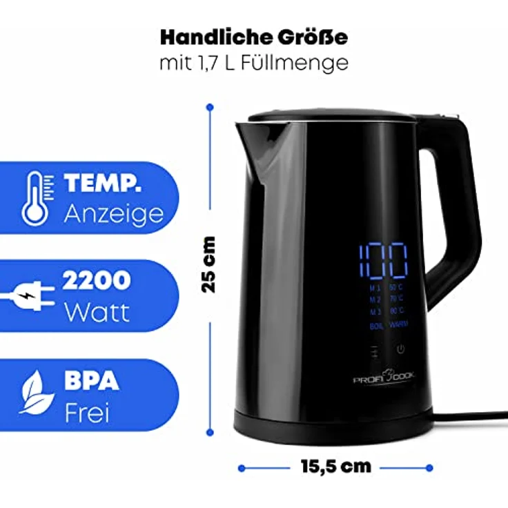 Proficook PC-WKS 1243 BK Wasserkocher, 1,7 L, 2200W, Sensor-Touch-Bedienung, mit Temperaturwahl, Display, Warmhaltefunktion, schwarz – Bild 4