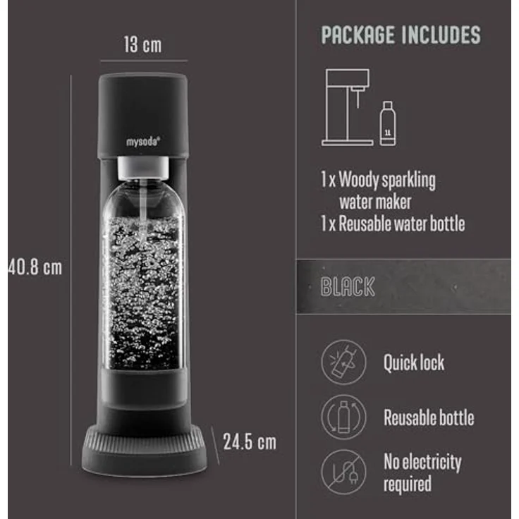 Mysoda Woody Black Kohlensäureerzeuger inklusive BPA-freie Wasserflasche, schwarz, WD002F-BE, One Size – Bild 5