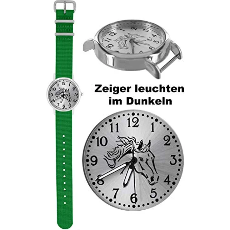 Pacific Time Mädchen Uhr 10403, analoge Quarz Armbanduhr mit grünem Textilarmband und Pferdemotiv, leuchtende Zeiger – Bild 4