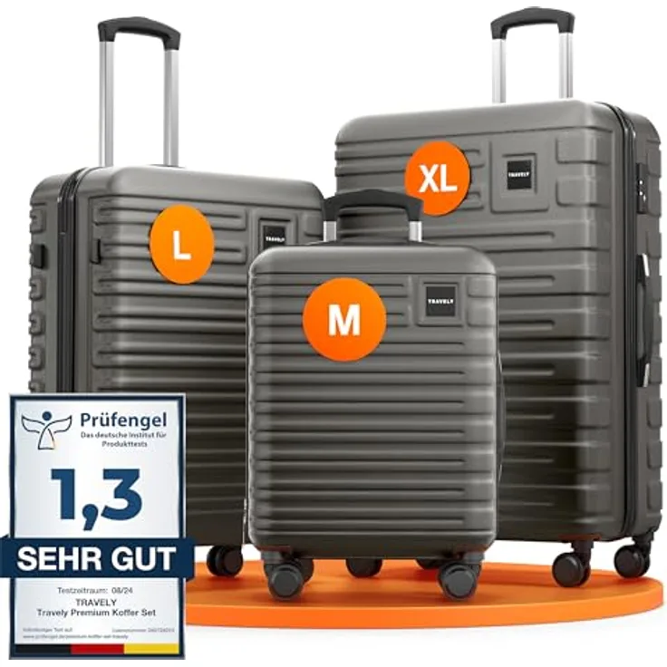 Travely Premium Koffer Set: 28", 24" & Handgepäck Koffer, Polycarbonat, mehr als 250L Volumen, robuste Rollen & TSA Schloss, Schwarz