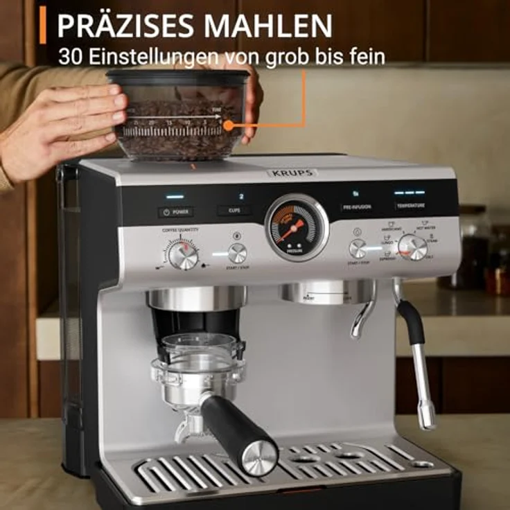 Krups Siebträgermaschine Precision, mit Edelstahl-Mahlwerk, intuitiver Bedienfläche, Pre-Infusion-Einstellungen, Schwarz – Bild 4