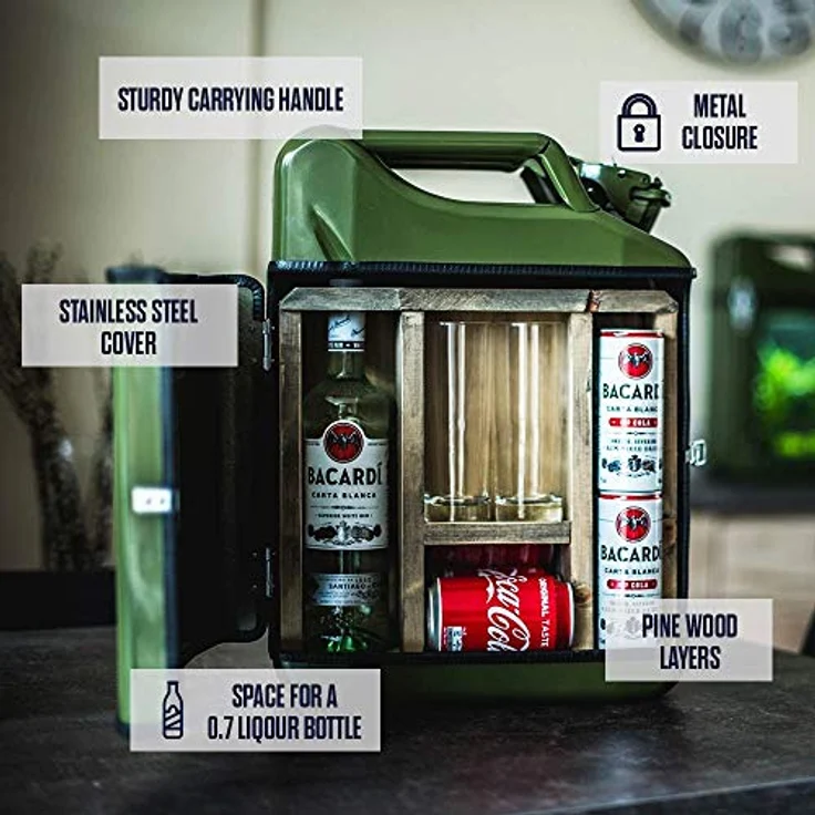 Mikamax, Bar Zubehör, Jerrycan Mix Drink Bar 20L – Whiskey Bar – Mobile Bar – Benzinkanister bar – Grün – 20 Li – Bild 5