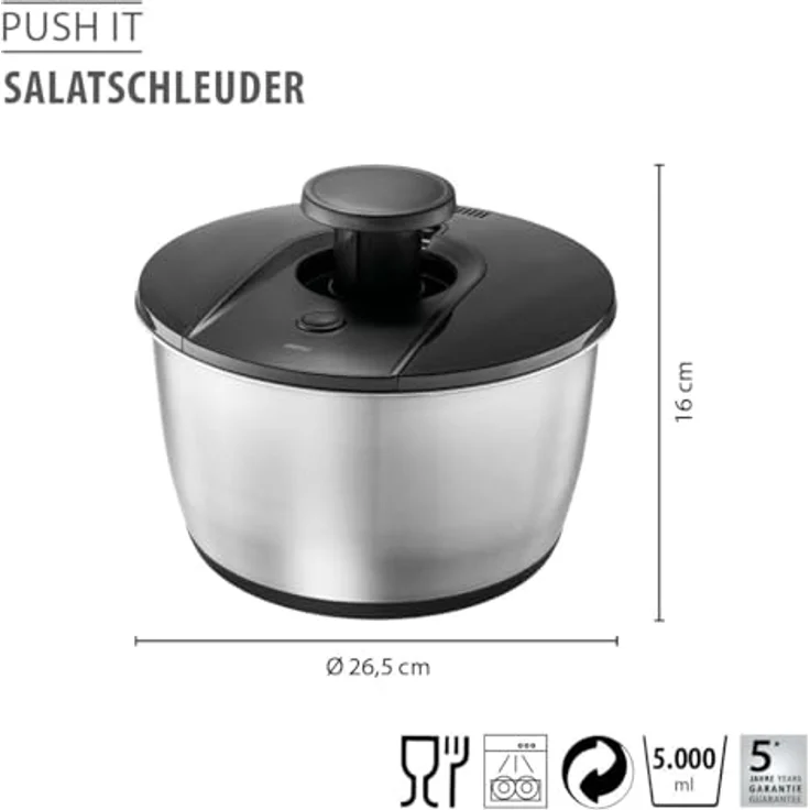 GEFU Salatschleuder PUSH IT Ø 25 cm, Edelstahl-Schüssel 5 l mit PUSH-Mechanismus, Stopp-Button und rutschfestem Silikonboden, spülmaschinengeeignet – Bild 2