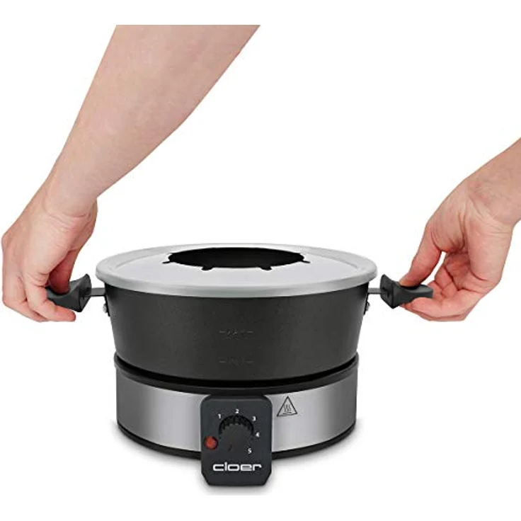 Cloer 6679 Fondue für 8 Personen, beschichteter Aluminiumtopf, inklusive Spritzschutz, 8 farbig markierte Gabeln 1,5 Liter, 1000 W, silber, schwarz – Bild 3