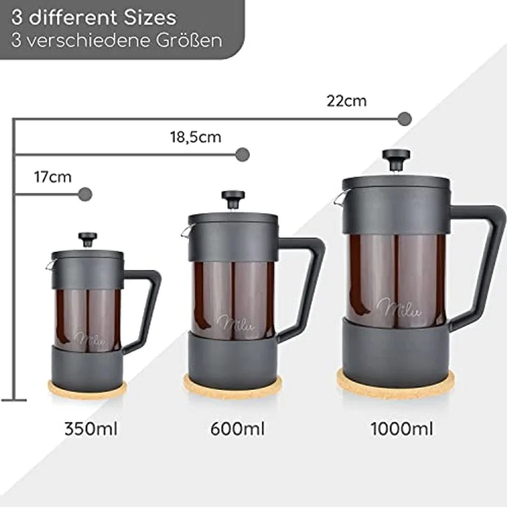 Milu French Press Kaffeebereiter | 350ml, Glas Kaffeepresse, Kaffeezubereiter für Zuhause Reisen Camping inkl. Untersetzer, Löffel, Ersatzfilter (Schwarz, 350ml (2 Tassen) – Bild 5