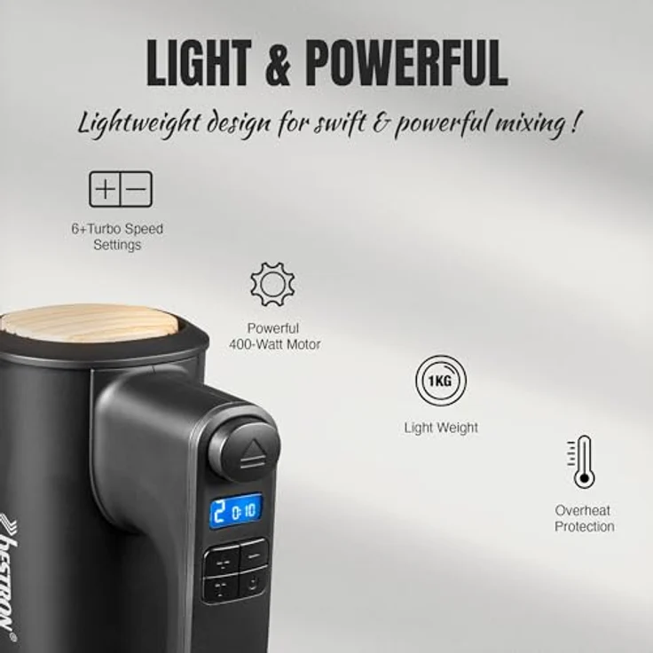 Bestron Power Handmixer AHMD100BW, 400W leistungsstarker Handmixer mit 6 Stufen, Turbo-Funktion, LCD-Display, Schwarz/Holz – Bild 5