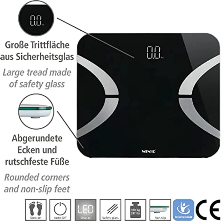 WENKO Personenwaage Smart Body 24462100, LED, 30 x 26 cm, schwarz – Bild 2
